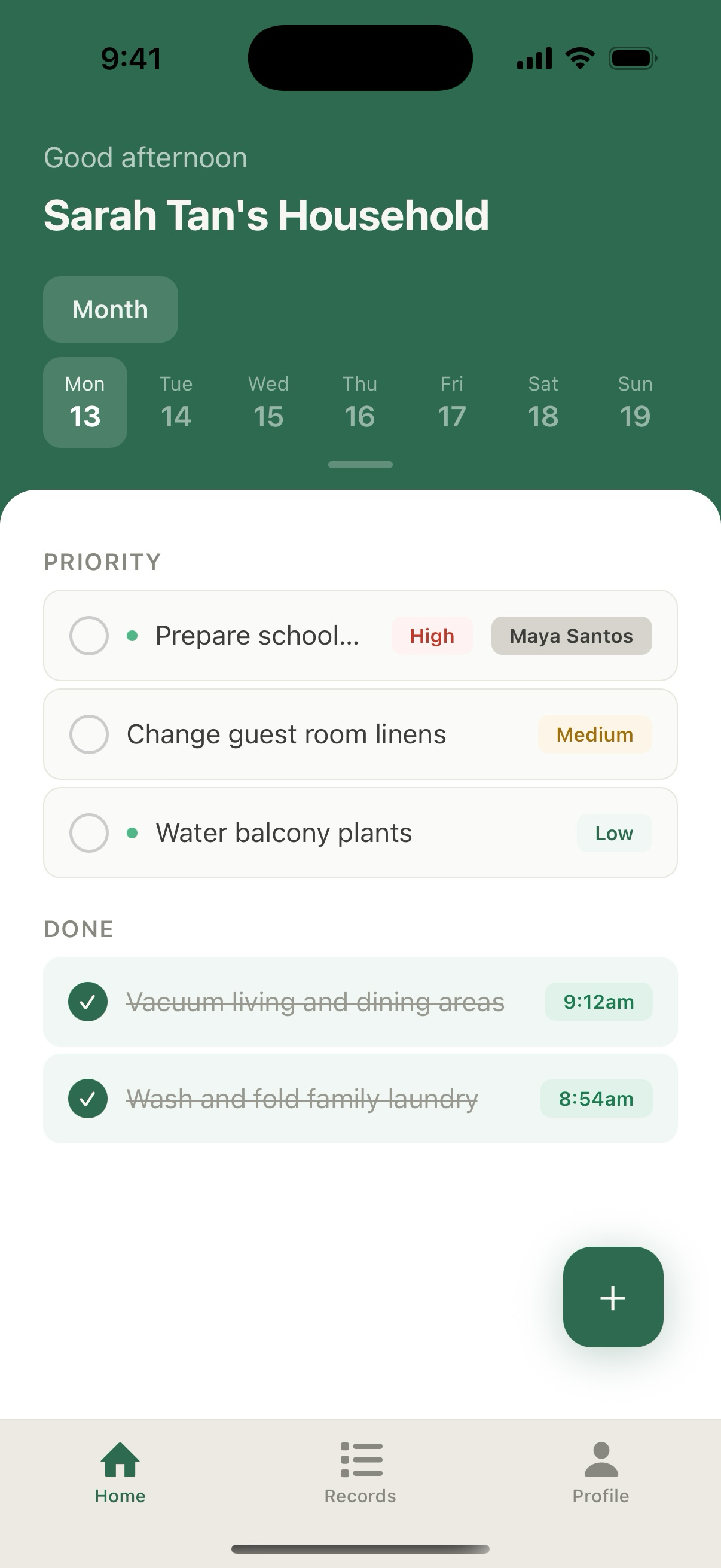 Entrust employer Home screen showing three prioritised tasks and two completed tasks for Sarah Tan's household