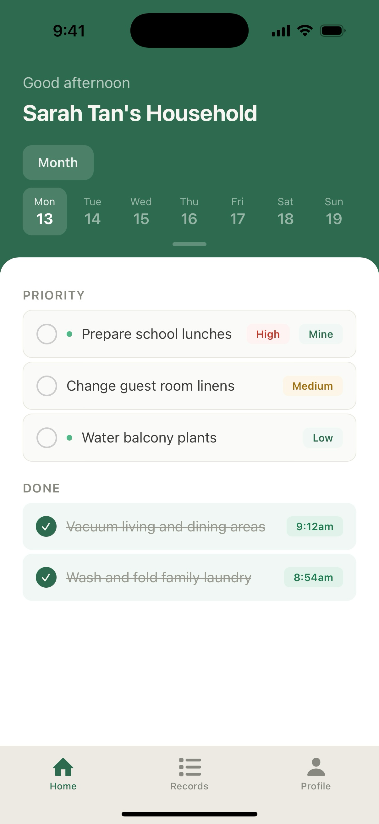 Actual Entrust helper Home screen showing the same shared household tasks