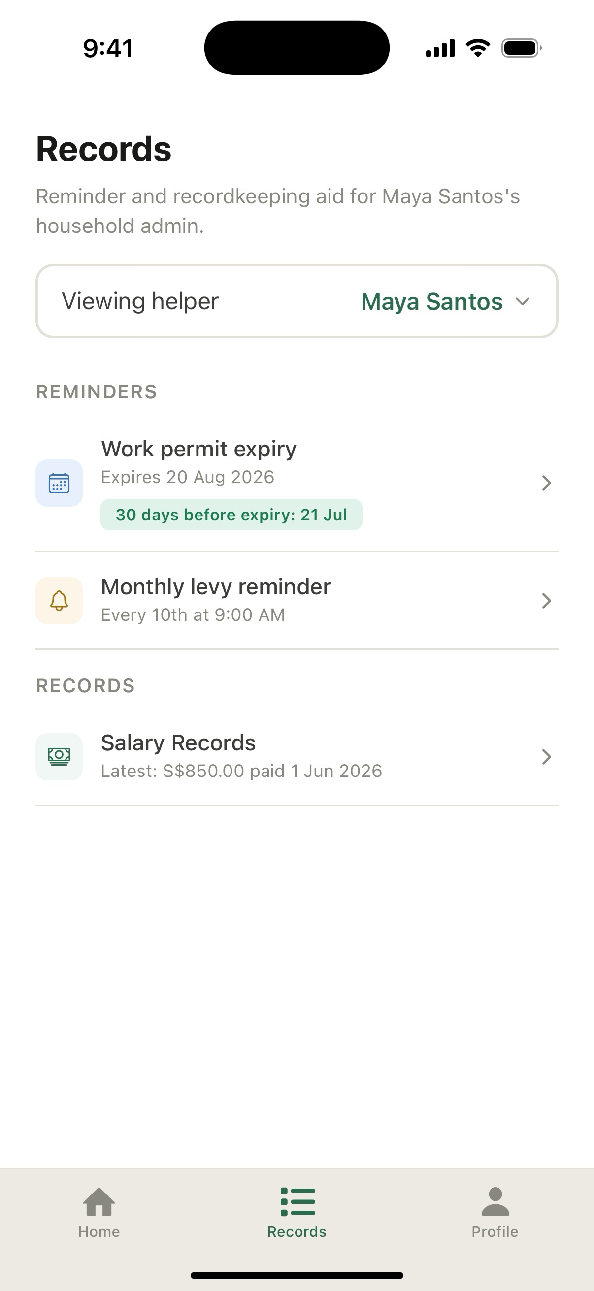 Actual Entrust Records screen showing work permit expiry, monthly levy reminder, and salary records for Maya Santos