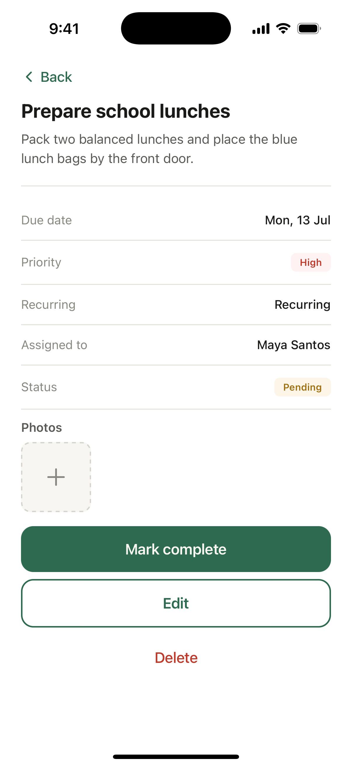 Actual Entrust task detail screen for preparing school lunches, with priority, assignee, status, and photo controls